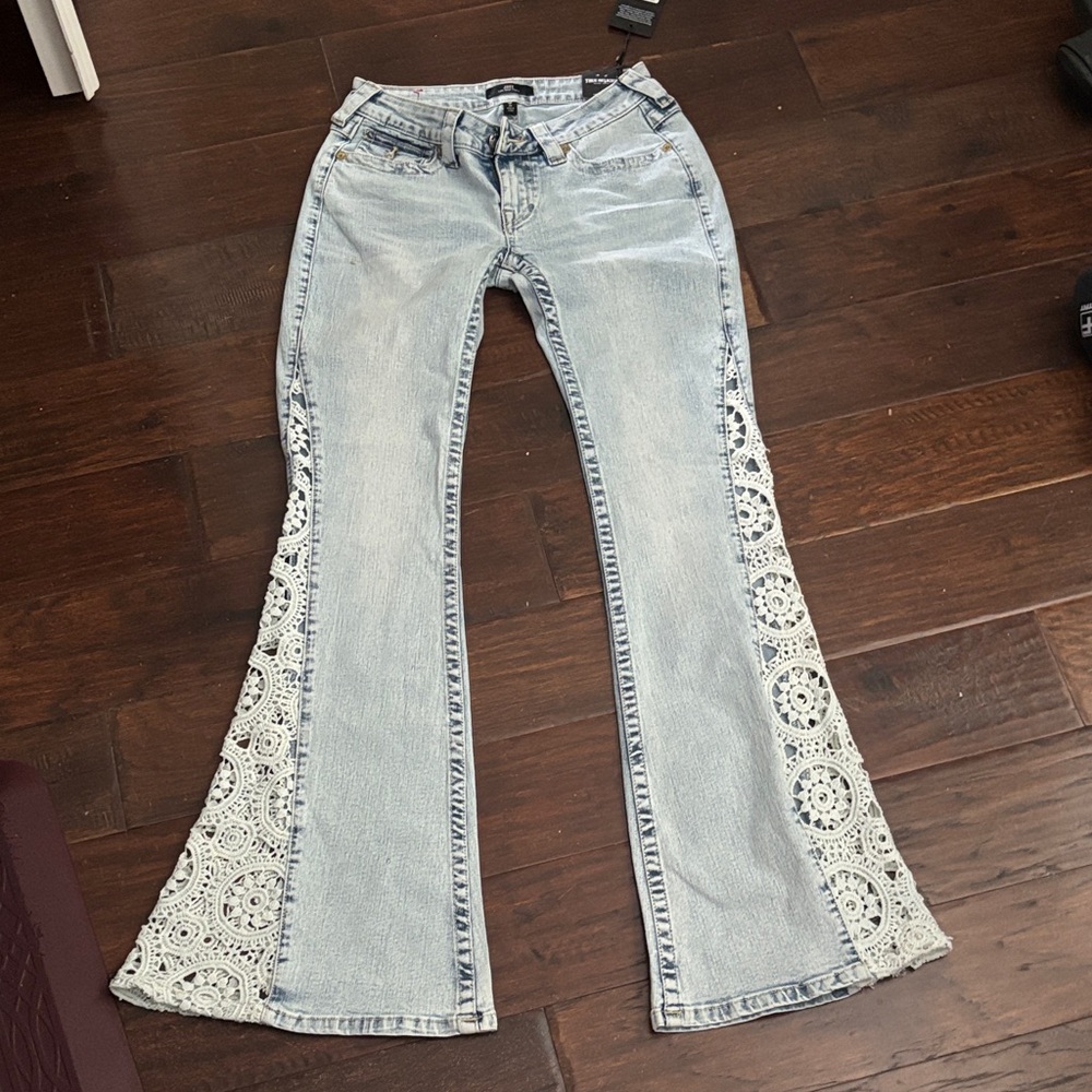 True Religion Light Blue Flare Jeans with Crochet Inlays
